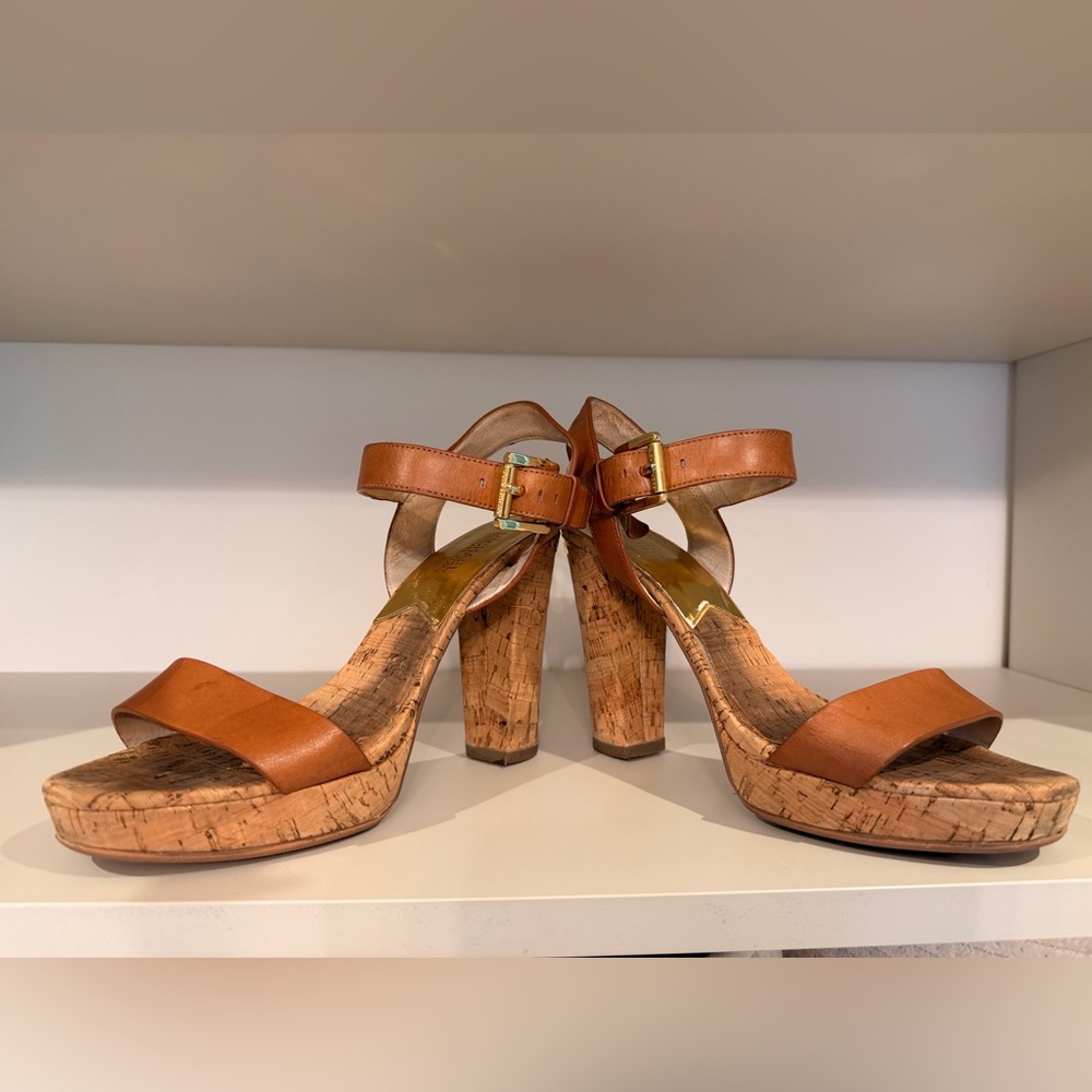 Michael Kors Tan Leather Cork Platform Sandals with Ankle Strap